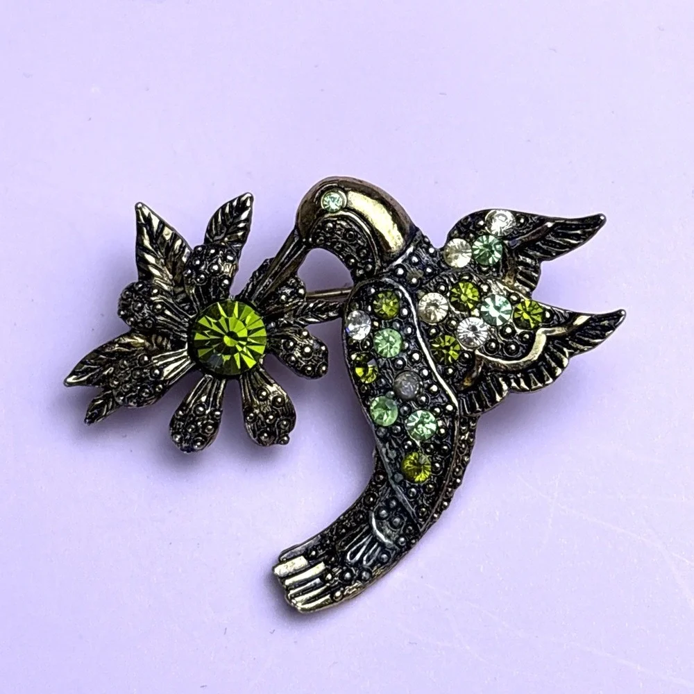 Vintage Rhinestone Pin Brooch Lot Hummingbird Gold tone Green